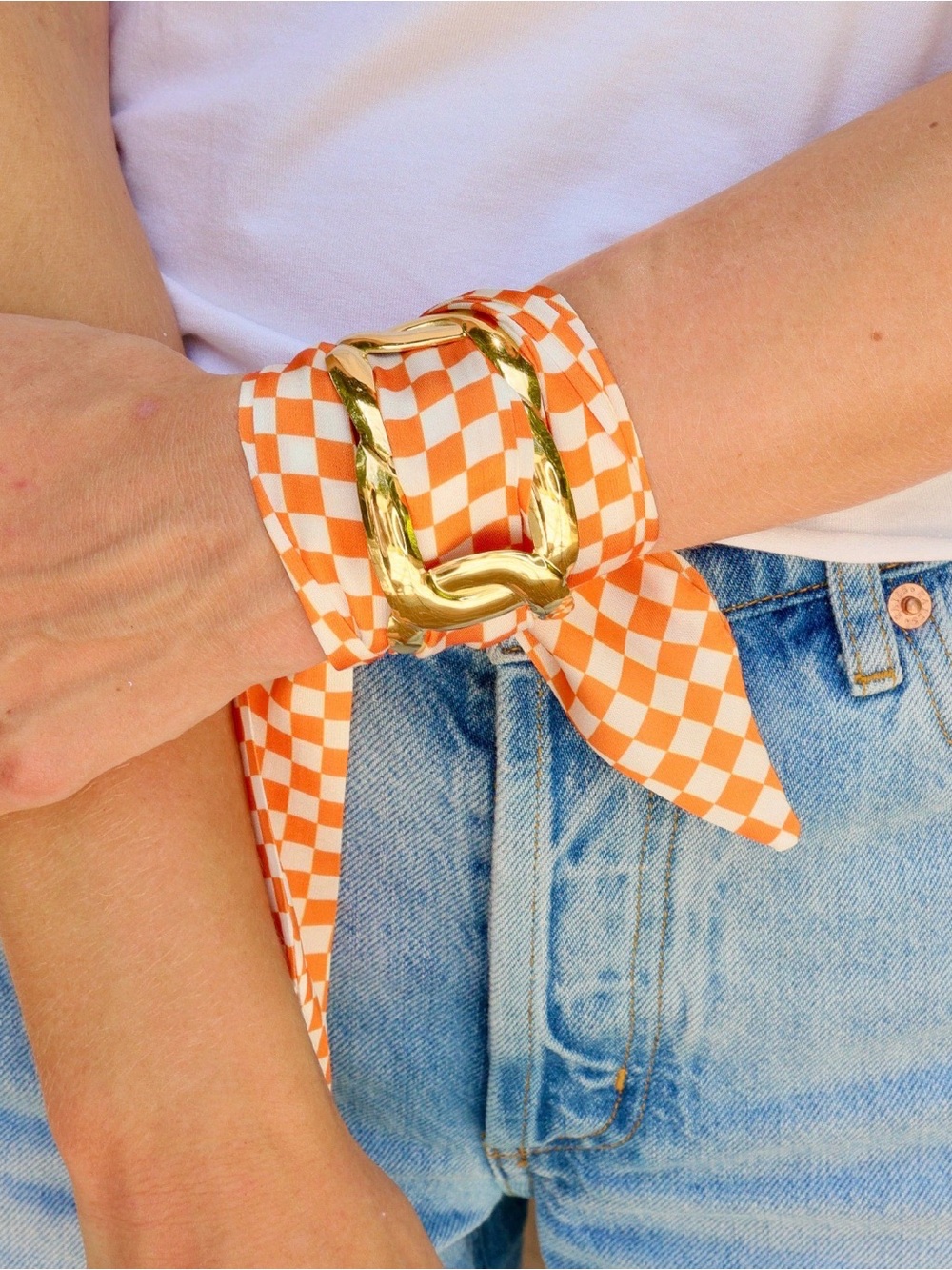 Orange & White Checkerboard Scarf Bracelet with Gold Buckle